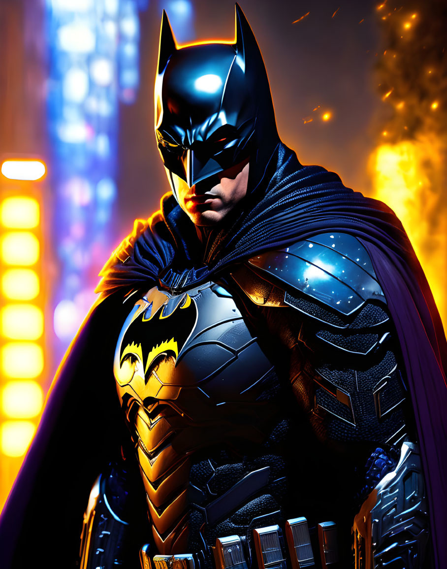 Detailed Illustration of Batman in Armored Suit with Glowing Cape in Neon-lit Cityscape