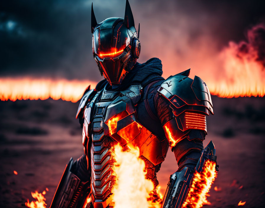 Armored robot with glowing red eyes and fiery gauntlets in fiery backdrop.