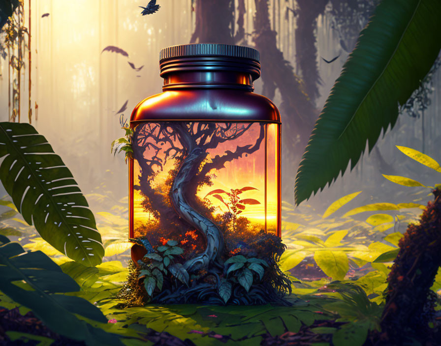 Vibrant digital art: Twisting tree in transparent jar, mystical forest backdrop