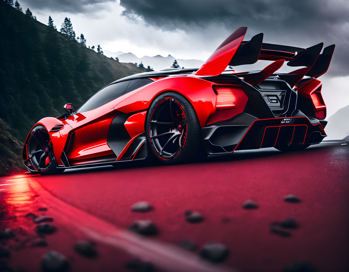 Red and Black High-Performance Sports Car on Mountain Road