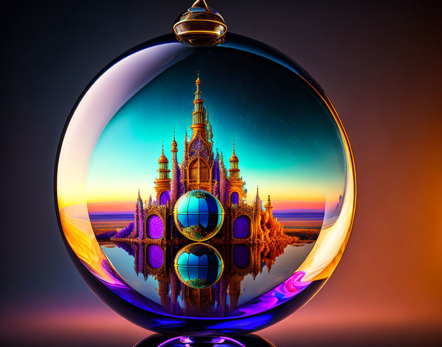 Digital Art: Gothic Castle in Glass Orb with Starry Sky & Sunset Colors