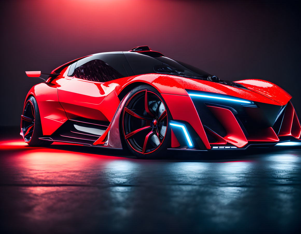 Futuristic red sports car with blue accents and ambient lighting