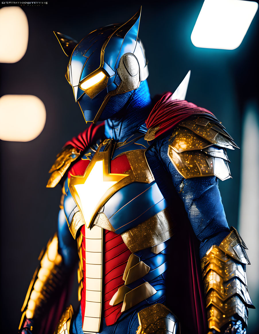 Vibrant blue and red superhero figure with gold star, armor, and helmet