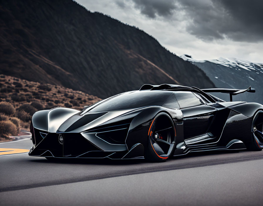 Black Sports Car with Aggressive Design on Mountain Road