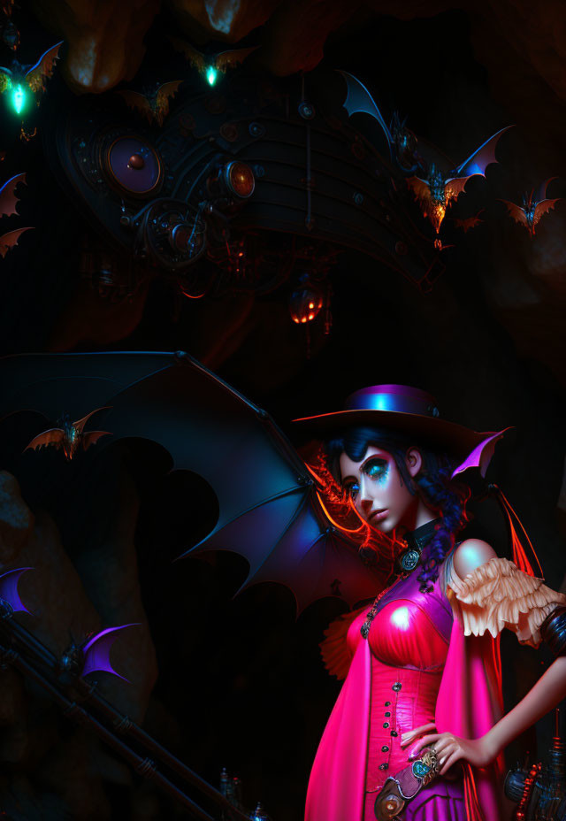 Gothic fantasy scene: winged woman in pink corset, top hat, surrounded by lamps