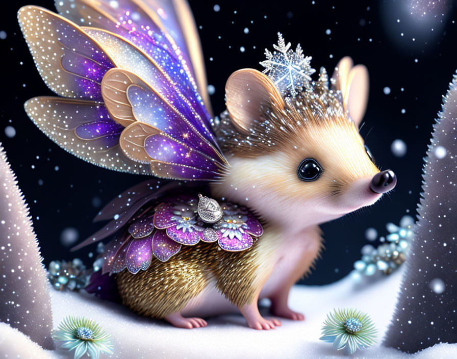 Whimsical hedgehog with purple fairy wings in snowy landscape