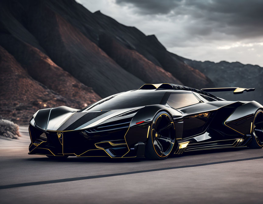 Black sports car with gold accents on desert road at dusk