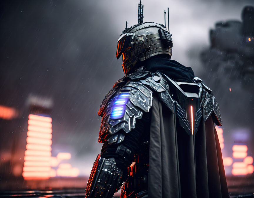 Futuristic warrior in armor under neon-lit sky and rainy urban landscape