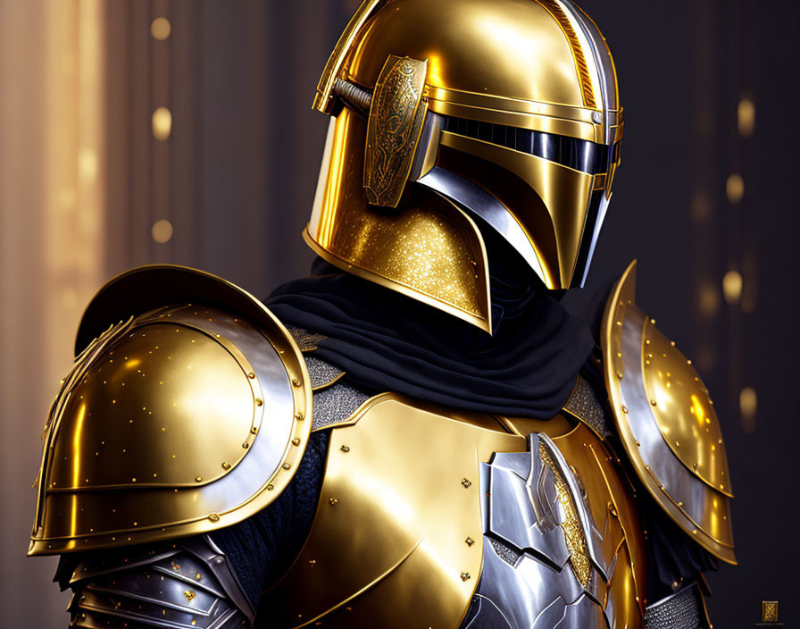 Golden Armored Figure Against Sparkling Background