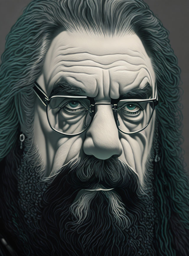 Detailed Digital Artwork: Bearded Man with Glasses and Wavy Hair