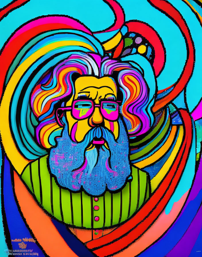 Colorful mural featuring bearded figure with glasses in vibrant swirls.