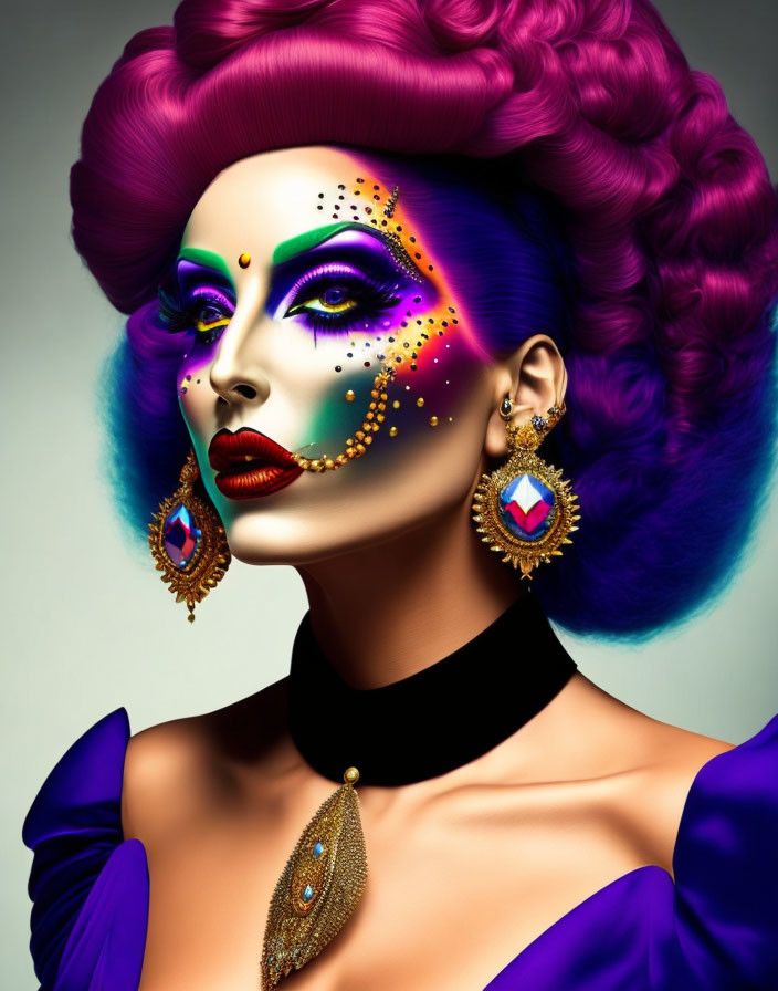 Vibrant purple makeup woman with peacock motif portrait