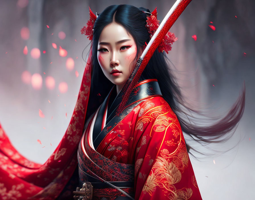 Illustration of female warrior in red Asian armor with sword in misty setting.