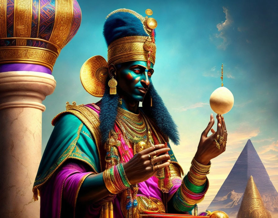 Egyptian Pharaoh with Golden Jewelry and Glowing Orb in Front of Pyramids