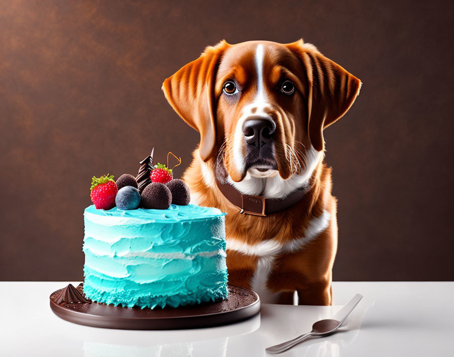 Brown and White Dog with Soulful Eyes Looking at Blue Frosted Cake with Berries