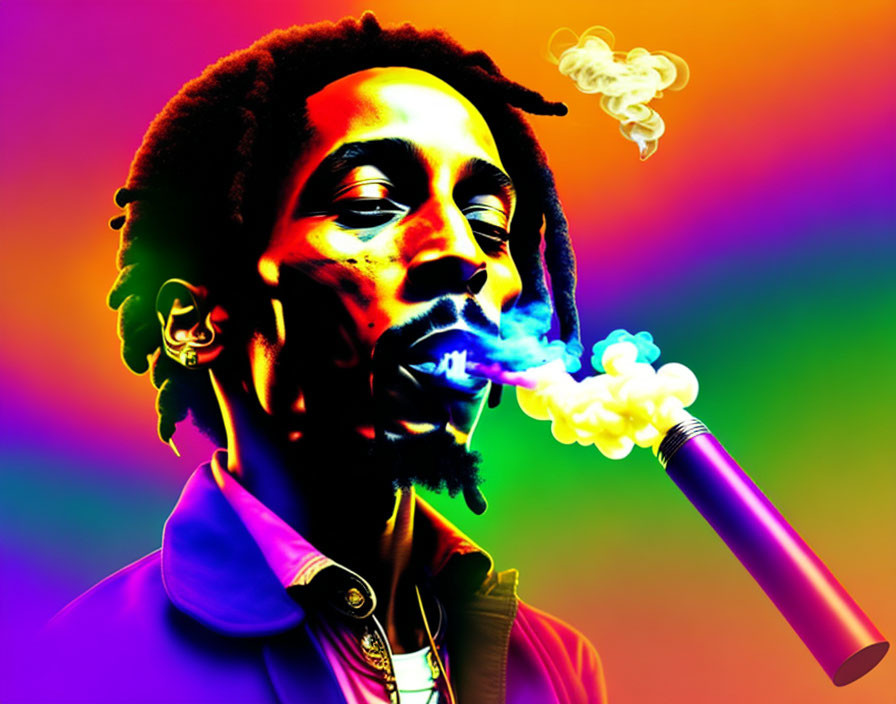 Multicolored background with person exhaling smoke and microphone