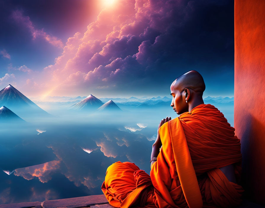 Buddhist monk meditating by serene lake at sunset