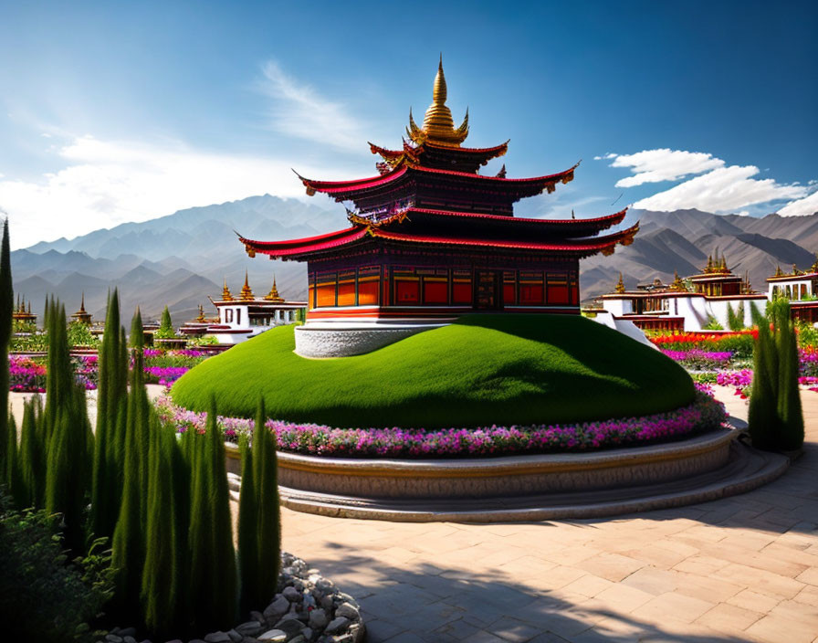 Traditional Chinese Pagoda with Gold Spire Surrounded by Green Lawns and Pink Flowers