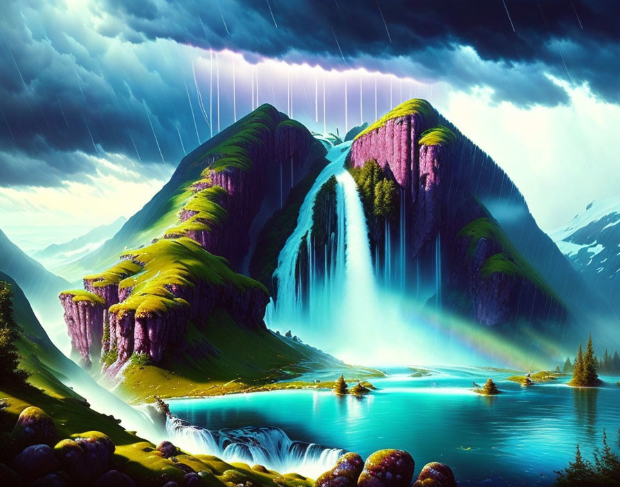 Fantastical landscape with lush greenery, waterfalls, lake, and ethereal light beams.