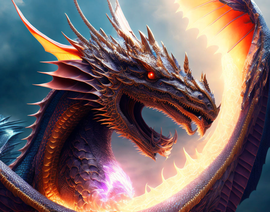 Majestic dragon with red eyes, sharp teeth, and fiery wings roaring.