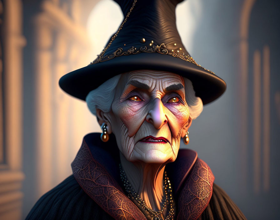 Elderly Witch with Piercing Eyes in Pointed Hat and Jewelry