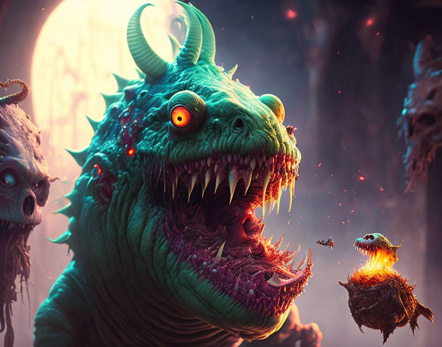 Colorful fantasy illustration with green horned monster, floating heads, and fiery creature in mystical setting.