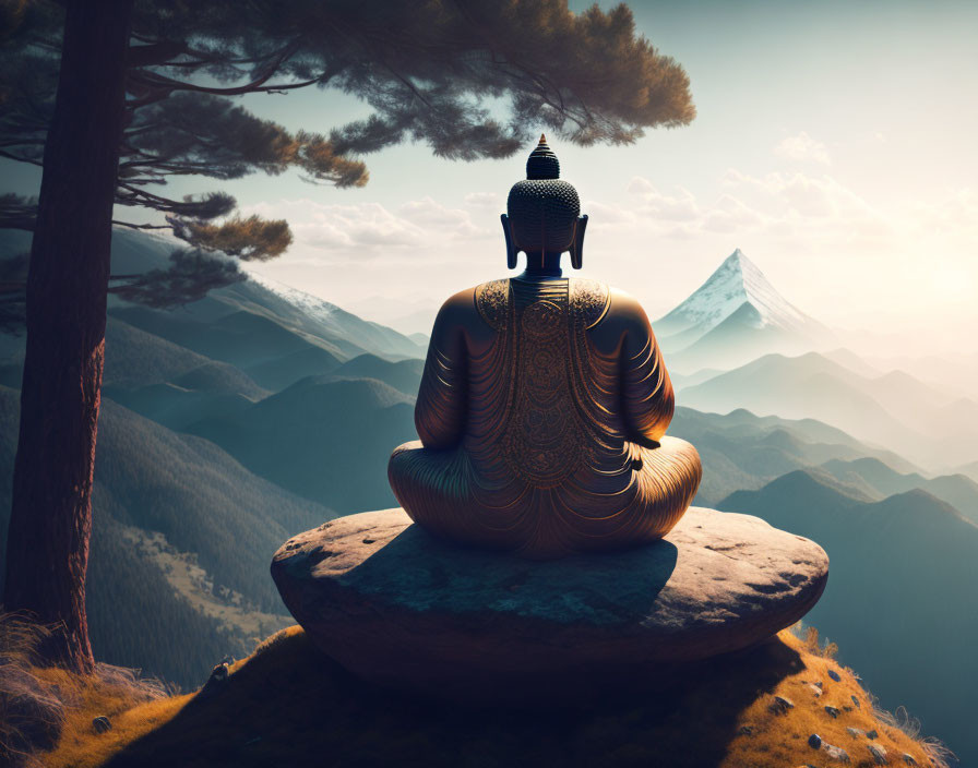 Buddha statue in meditation on cliff with mountains and trees