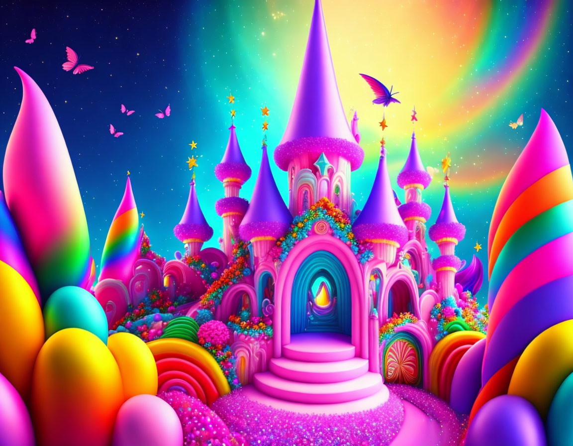 Colorful fantasy castle with vibrant towers, whimsical trees, butterflies, and a rainbow under a star