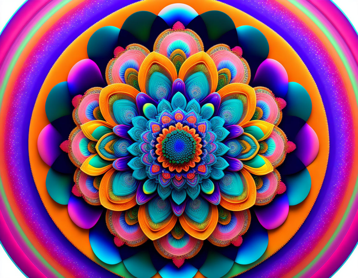 Colorful Symmetrical Fractal Flower with Blue, Orange, Purple, and Teal Patterns