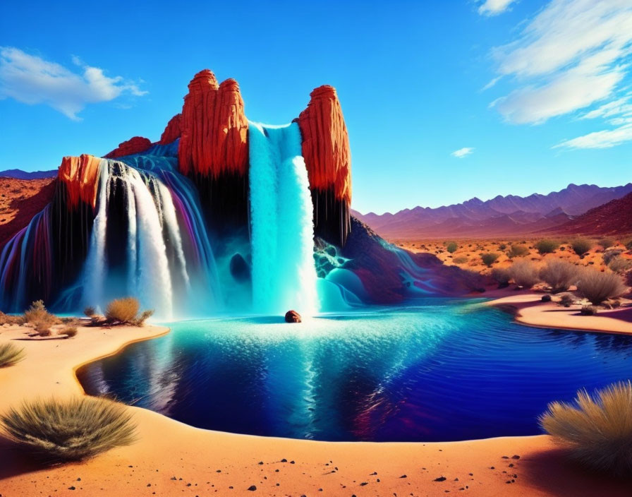 Scenic landscape with waterfall, red rocks, and turquoise pool