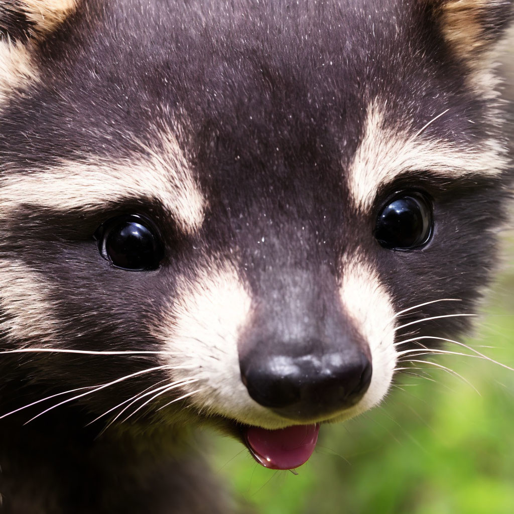 Detailed close-up of curious raccoon face with dark eyes and pointed snout