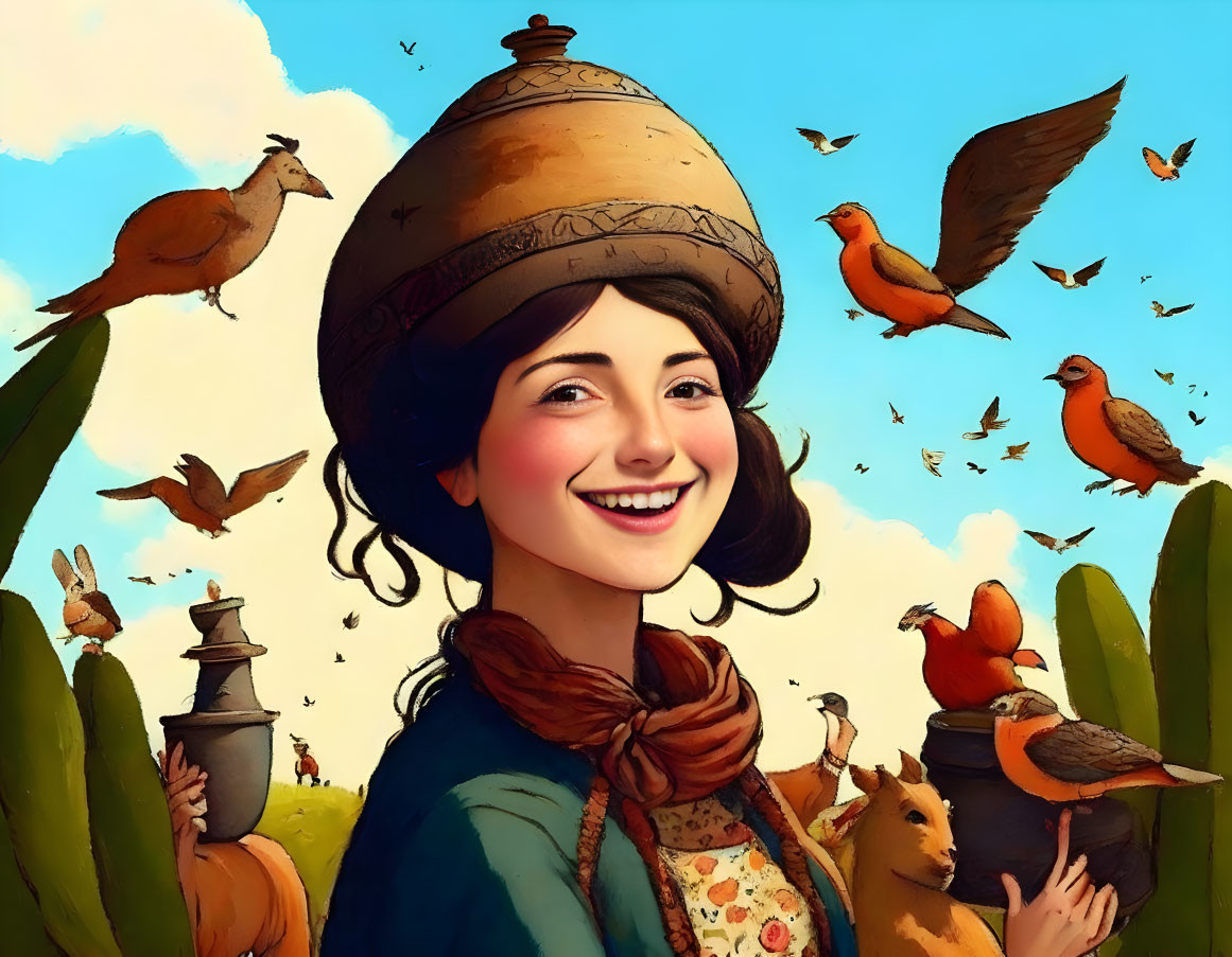 Smiling woman with birds on hat in desert landscape