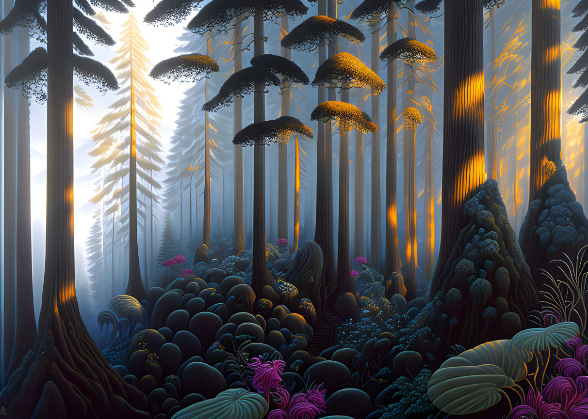 Enchanting forest with towering trees and colorful undergrowth