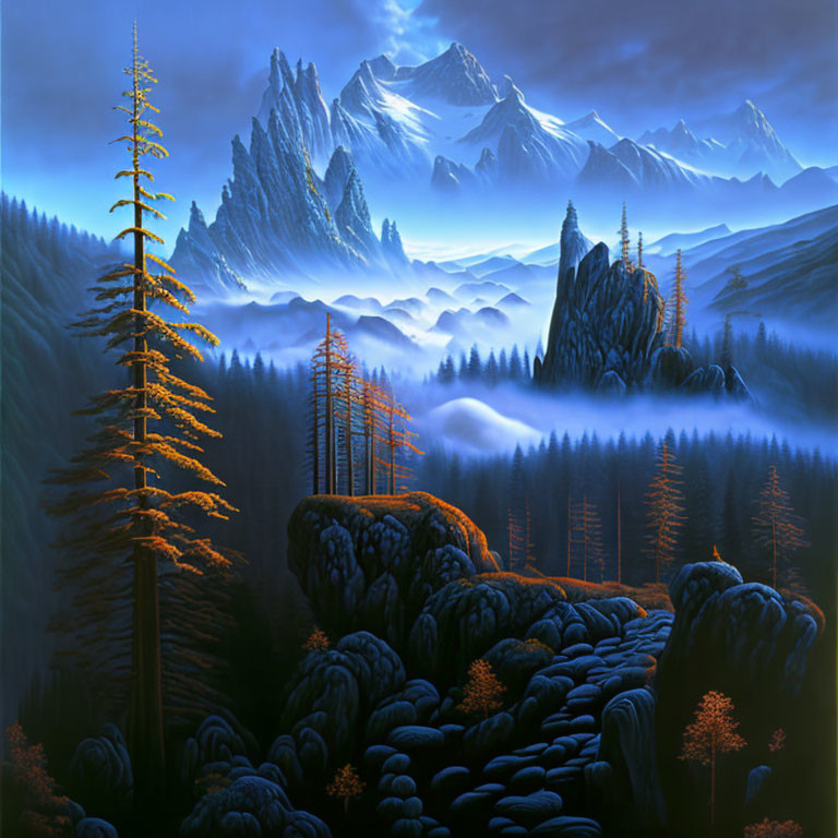 Mystical landscape with tall pine trees, mist, and snow-capped mountains