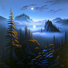 Mystical landscape with tall pine trees, mist, and snow-capped mountains