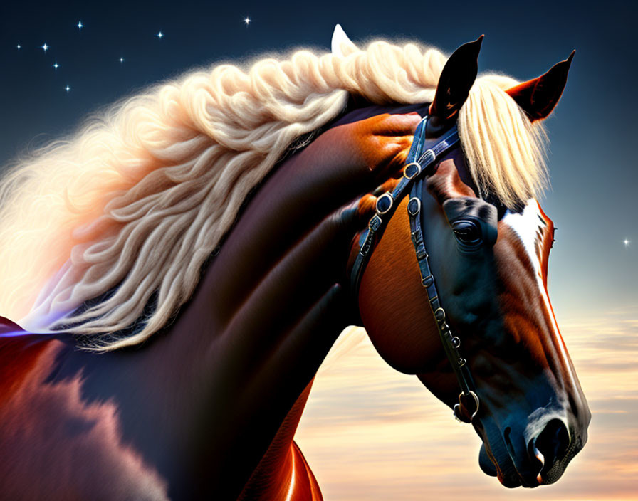 Majestic brown horse with cream mane under twilight sky
