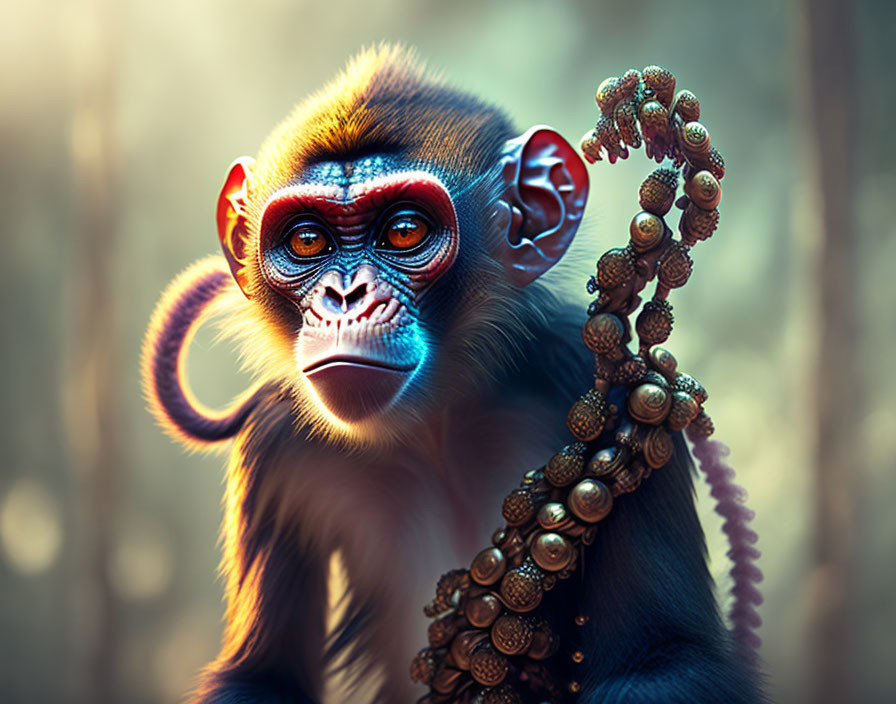Colorful Monkey Holding Beaded Jewelry in Forest Scene