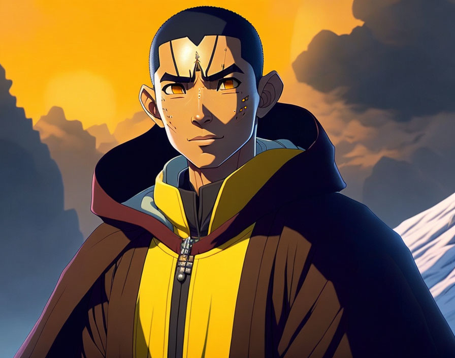 Confident man with face tattoos in yellow collar, zippered jacket, cape, against sunset & mountains