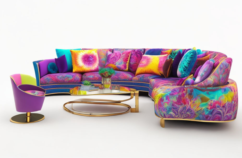 Vibrant psychedelic sectional sofa, purple armchair, glass coffee tables, and plants on white background