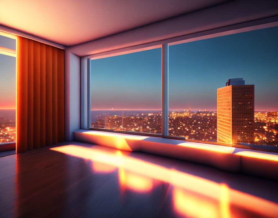 Contemporary room with city skyline view at sunset, glowing benches, and warm lighting