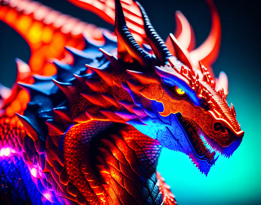 Detailed dragon image with vibrant blue and red lighting showcasing intricate scales and fierce expression