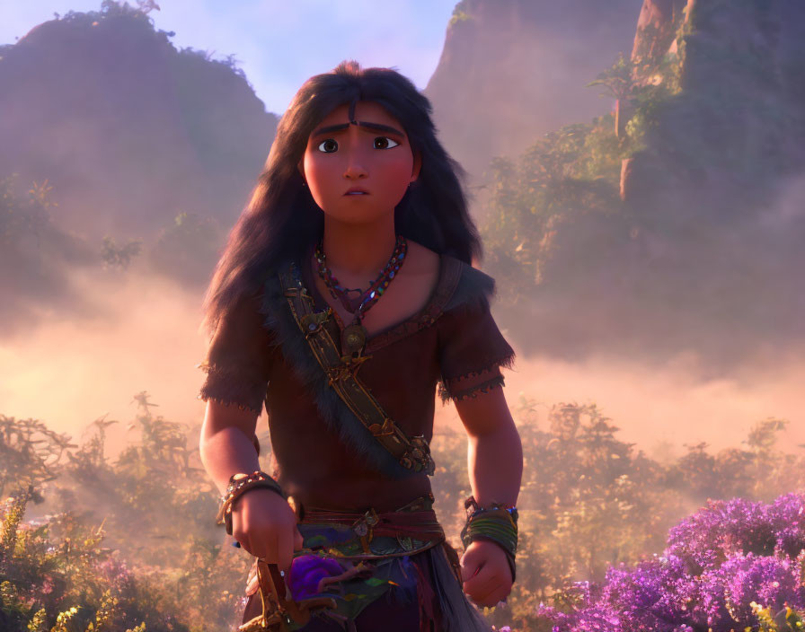 Long Wavy-Haired Animated Character in Polynesian Outfit Amidst Purple Flowered Landscape