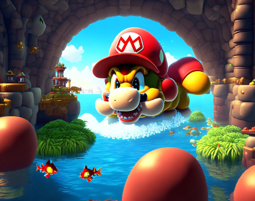 Vibrant Mario Dino Costume Artwork with Colorful Underwater Scene