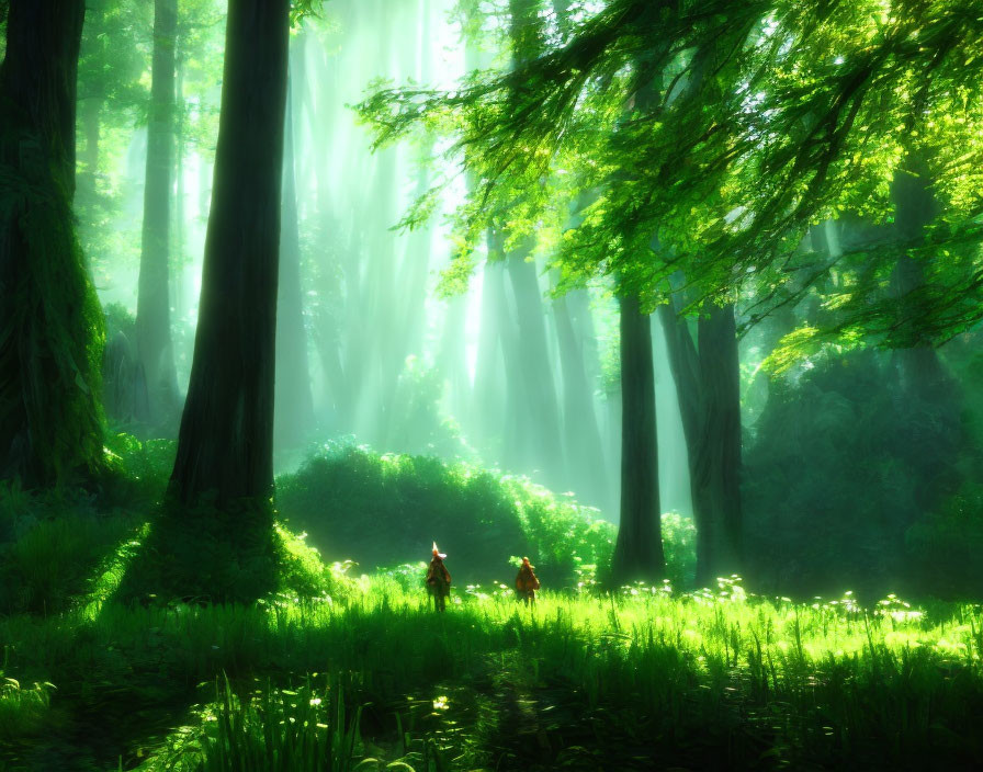 Mystical green forest with two figures on horseback