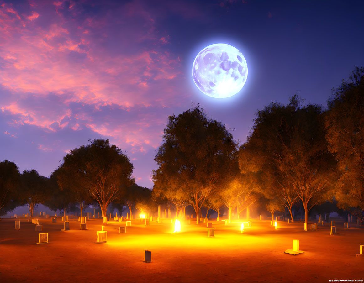 Tranquil nightscape with glowing lanterns under full moon