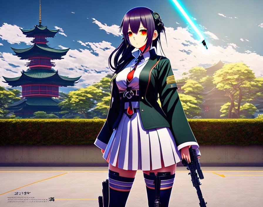 Purple-haired anime girl in military uniform with futuristic weapon at pagoda