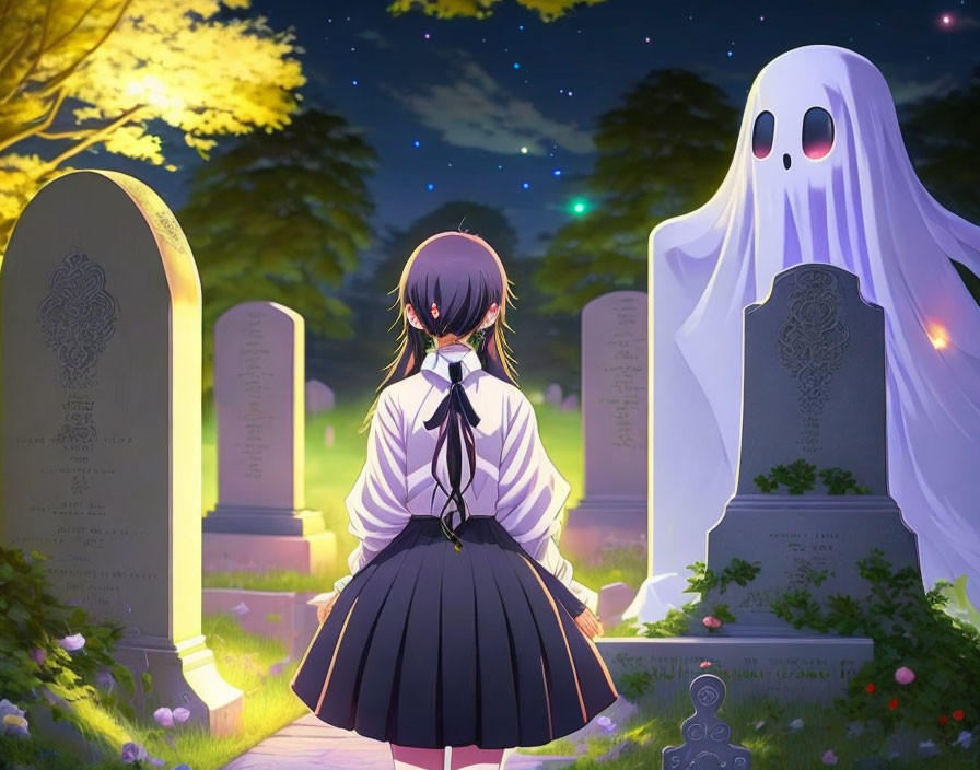 Schoolgirl in graveyard with friendly ghost and fireflies at night