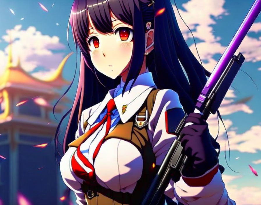 Anime-style Female Character with Red Eyes and Long Black Hair in Stylized Uniform Holding Purple Weapon Against