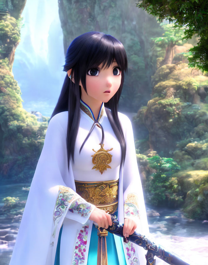 3D animated character with long black hair and elfin ears in white robe with sword in mystical forest