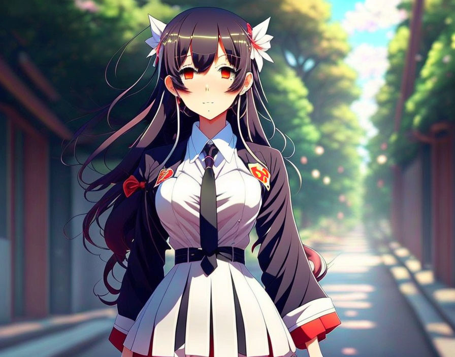 Anime character with long black hair, ribbons, amber eyes, school uniform, badge, tree-lined